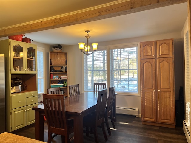 dining room with baseboard heating, dark hardwood / wood-style flooring, and a notable chandelier