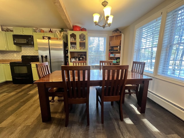 701 Stetson Rd, Exeter, ME 04435 - dining room featuring dark wood-style floors, a chandelier, beam ceiling, and baseboard heating