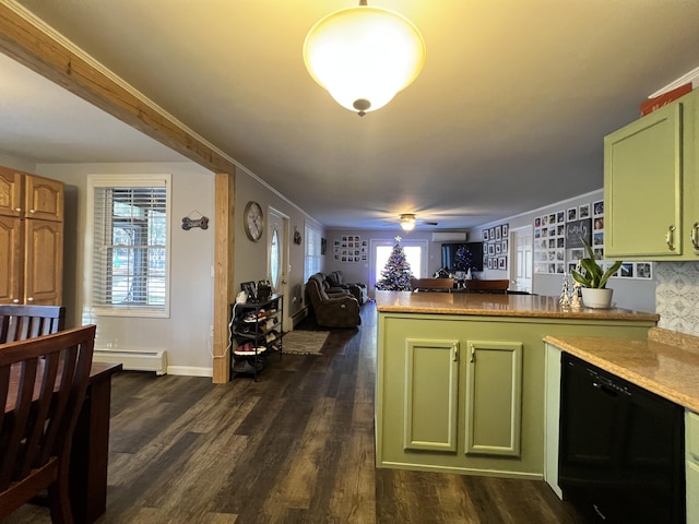 701 Stetson Rd, Exeter, ME 04435 - kitchen featuring green cabinets, a peninsula, a baseboard radiator, open floor plan, and dark wood finished floors