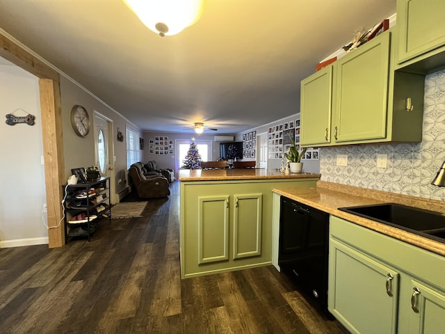 kitchen with dishwasher, dark hardwood / wood-style floors, kitchen peninsula, and green cabinetry