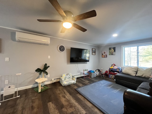 701 Stetson Rd, Exeter, ME 04435 - living room with a wall mounted air conditioner, a baseboard radiator, wood finished floors, a ceiling fan, and recessed lighting