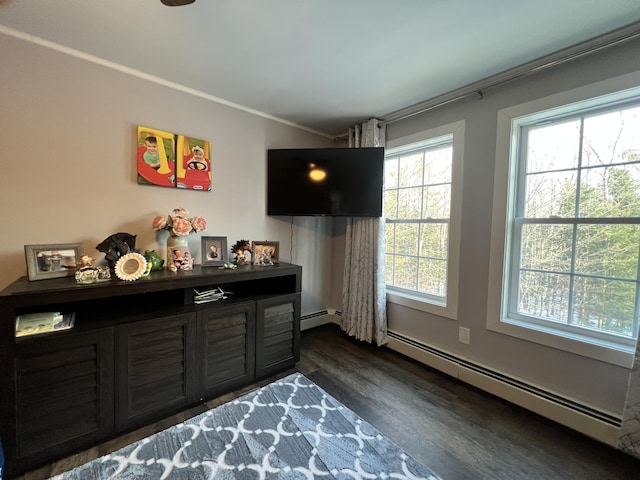 701 Stetson Rd, Exeter, ME 04435 - bedroom featuring baseboard heating, crown molding, and dark wood-type flooring