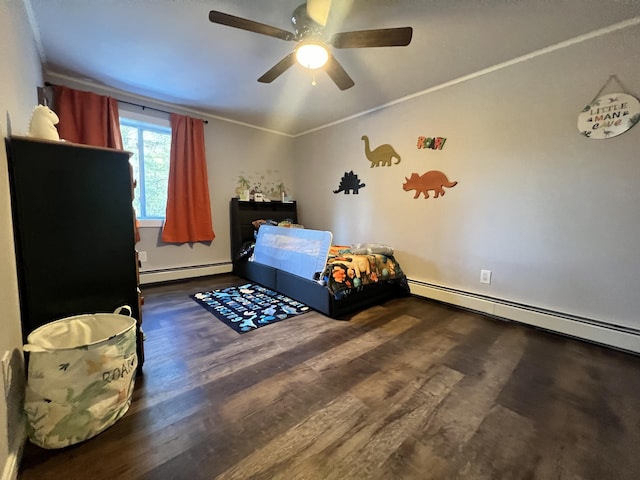 bedroom with ceiling fan, dark wood-type flooring, a baseboard radiator, and ornamental molding