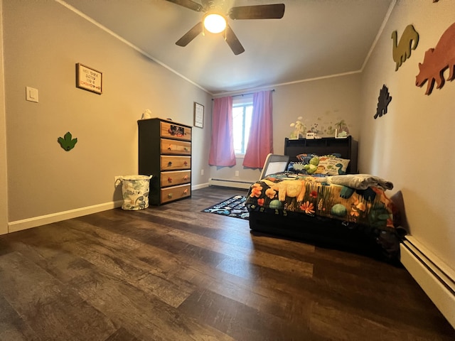 bedroom with dark hardwood / wood-style floors, ceiling fan, crown molding, and baseboard heating