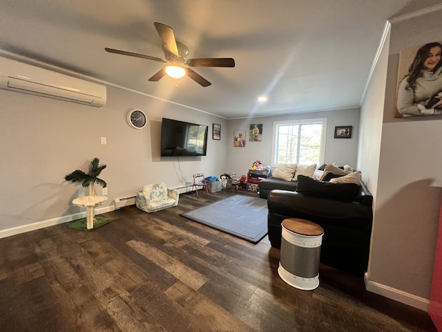 living room with a wall mounted air conditioner, dark hardwood / wood-style flooring, ceiling fan, crown molding, and a baseboard radiator