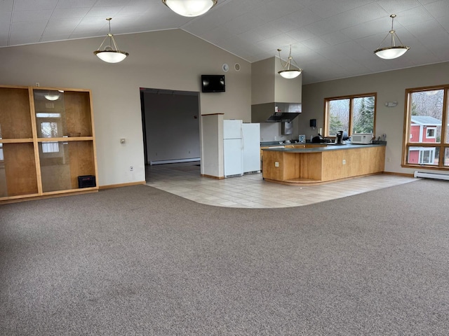 kitchen featuring high vaulted ceiling, light colored carpet, decorative light fixtures, and white refrigerator