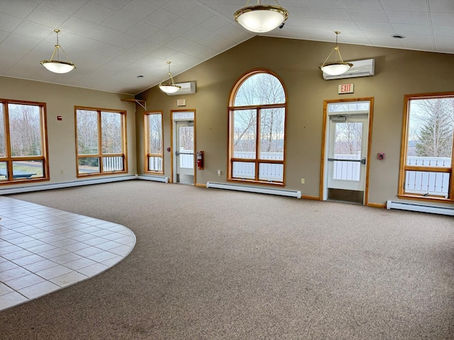 interior space featuring carpet floors, an AC wall unit, and a baseboard heating unit