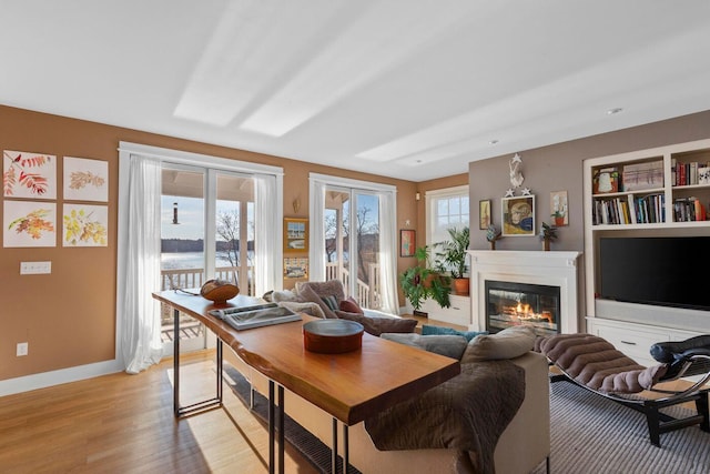 living room with built in features and light hardwood / wood-style floors