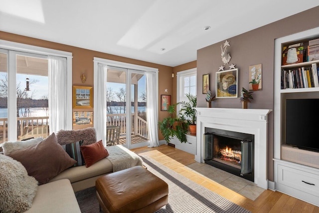 living room featuring a water view and light wood-type flooring