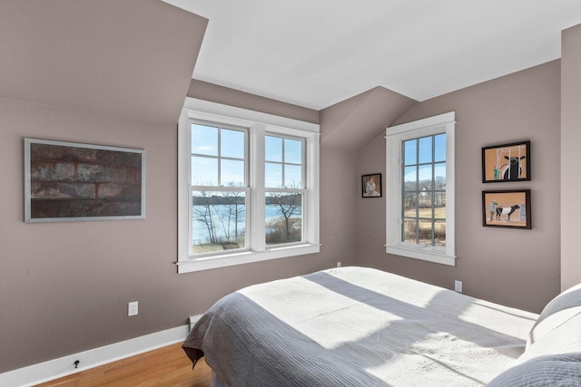 bedroom featuring hardwood / wood-style flooring and vaulted ceiling