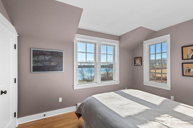 bedroom featuring hardwood / wood-style floors and vaulted ceiling