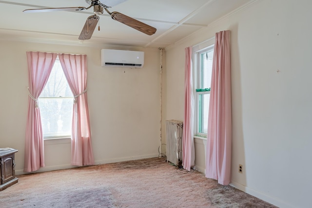 unfurnished room with a wall mounted air conditioner, light colored carpet, and radiator