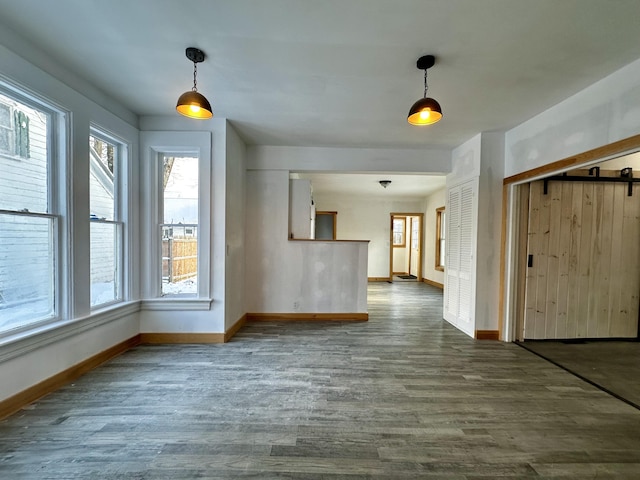 spare room featuring a barn door and dark hardwood / wood-style flooring