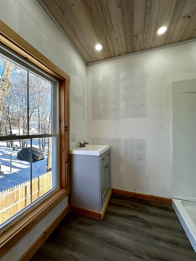 laundry room with dark hardwood / wood-style floors, wooden ceiling, and sink