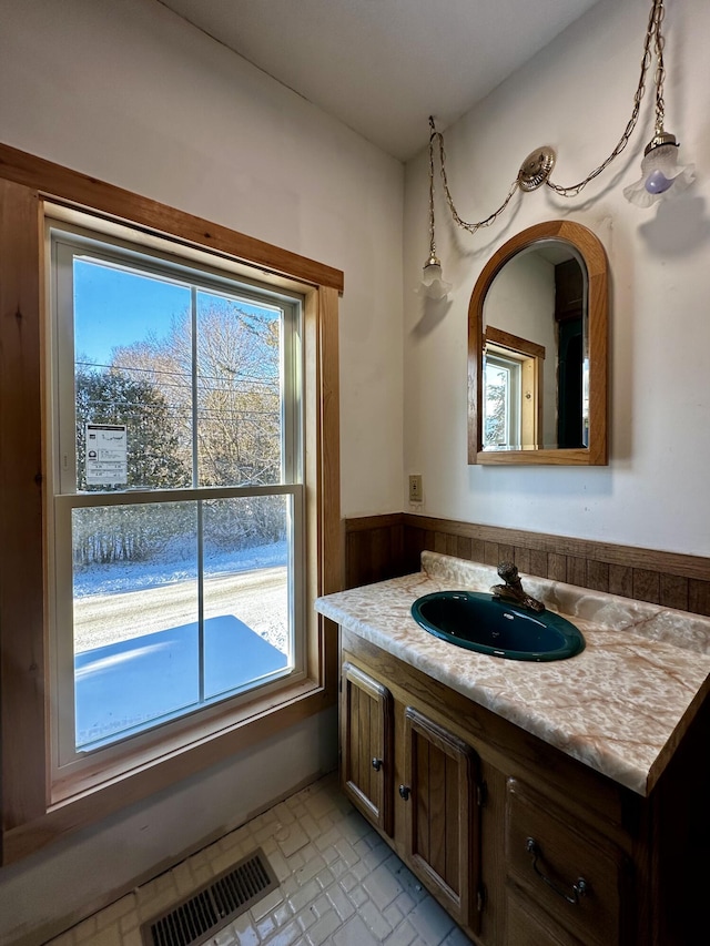 bathroom featuring wooden walls, vanity, and a healthy amount of sunlight