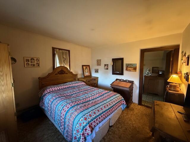 bedroom featuring dark carpet