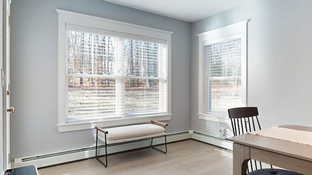 office space with light hardwood / wood-style flooring and baseboard heating