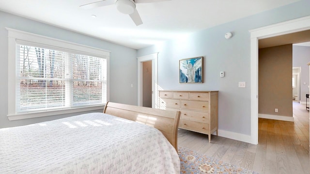 bedroom featuring light hardwood / wood-style floors and ceiling fan