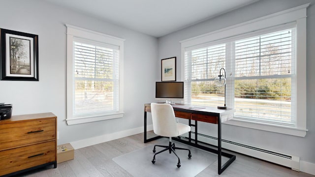 home office with baseboard heating, light hardwood / wood-style flooring, and a healthy amount of sunlight