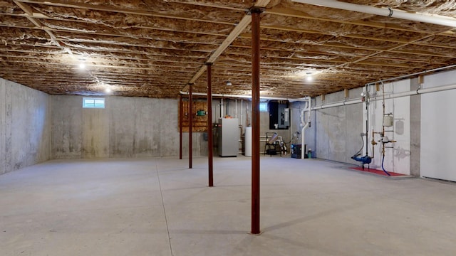 basement with electric panel and water heater