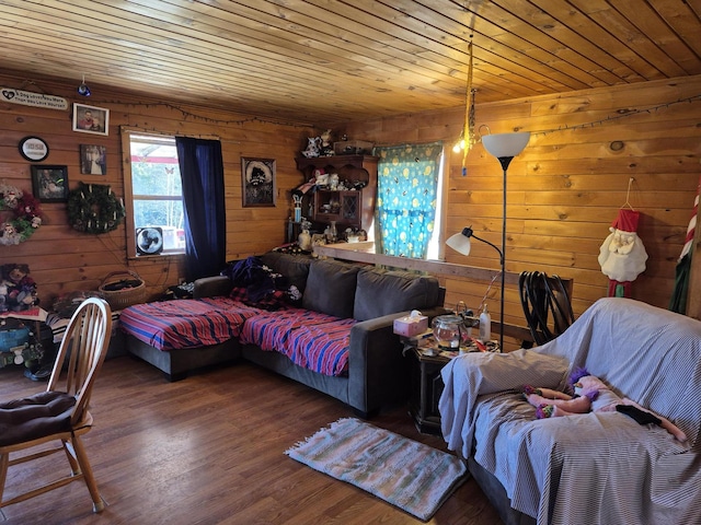 living room with dark hardwood / wood-style flooring, wood walls, and wood ceiling