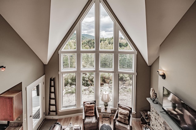 living room with hardwood / wood-style floors, a towering ceiling, and a healthy amount of sunlight