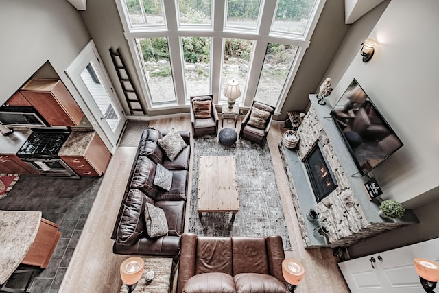 living room featuring a stone fireplace and a towering ceiling