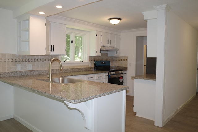 kitchen featuring electric range, dark hardwood / wood-style flooring, white cabinetry, and sink