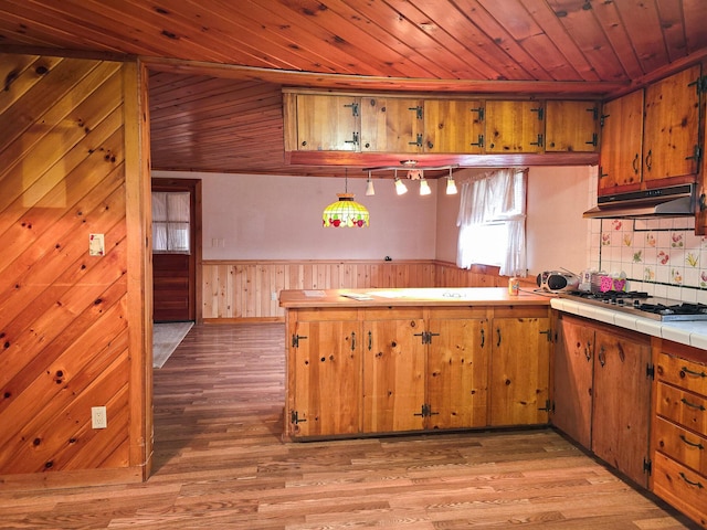 kitchen with stainless steel gas cooktop, wooden ceiling, decorative light fixtures, and hardwood / wood-style flooring