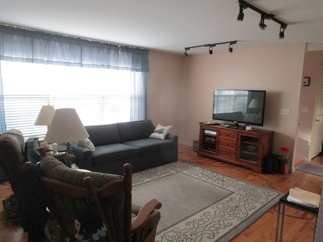 living room with hardwood / wood-style floors and track lighting