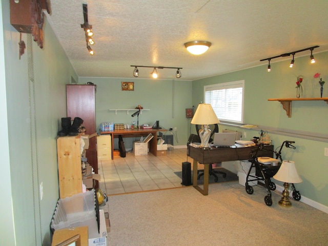 office space with light carpet, a textured ceiling, and track lighting