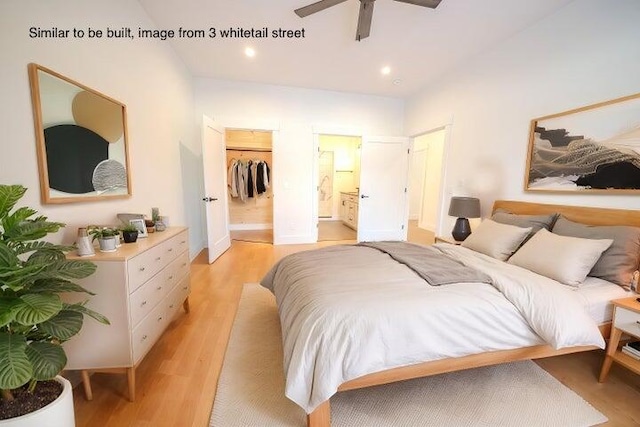 bedroom with ceiling fan, light wood-type flooring, a closet, and ensuite bath