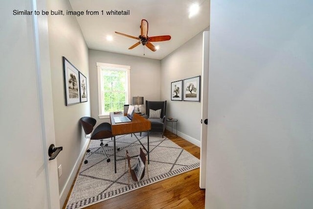 office featuring wood-type flooring and ceiling fan