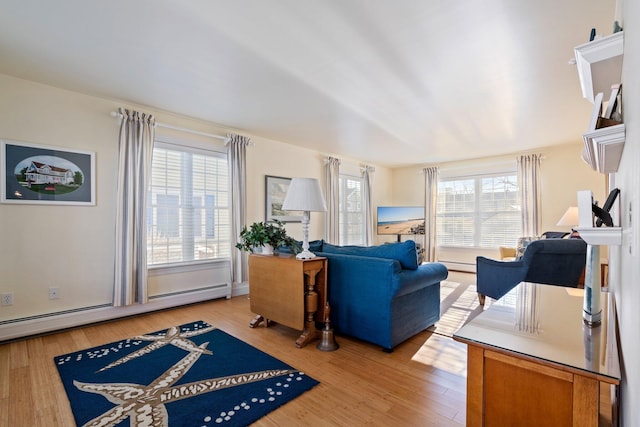 living room featuring baseboard heating and light hardwood / wood-style flooring