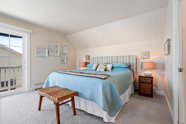 carpeted bedroom featuring lofted ceiling and a baseboard radiator