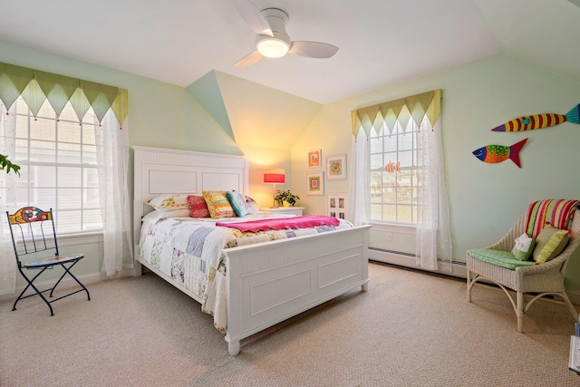 carpeted bedroom featuring ceiling fan, a baseboard radiator, and lofted ceiling