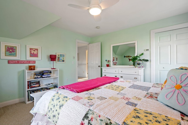 bedroom with carpet flooring, a closet, and ceiling fan