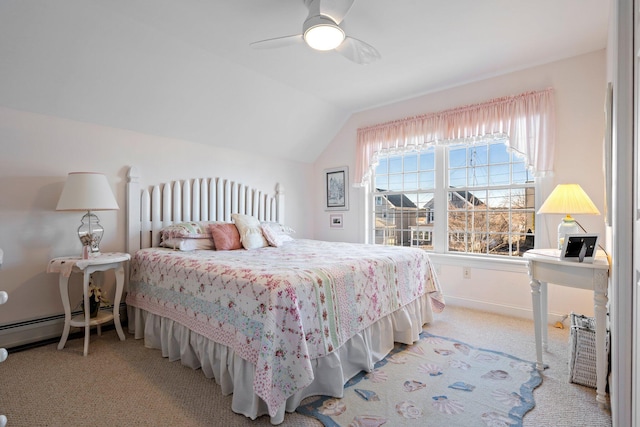 carpeted bedroom featuring lofted ceiling and ceiling fan