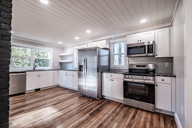 kitchen with white cabinets, dark hardwood / wood-style flooring, stainless steel appliances, and sink