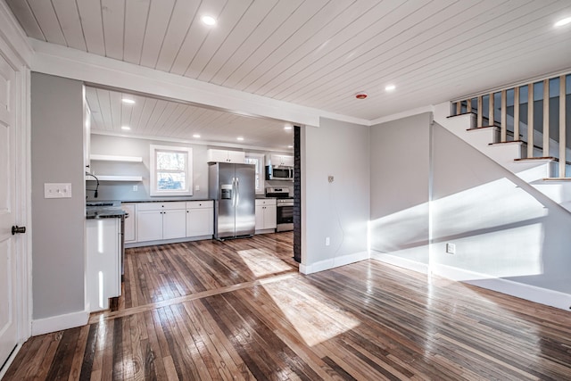 unfurnished living room with dark hardwood / wood-style floors and wooden ceiling