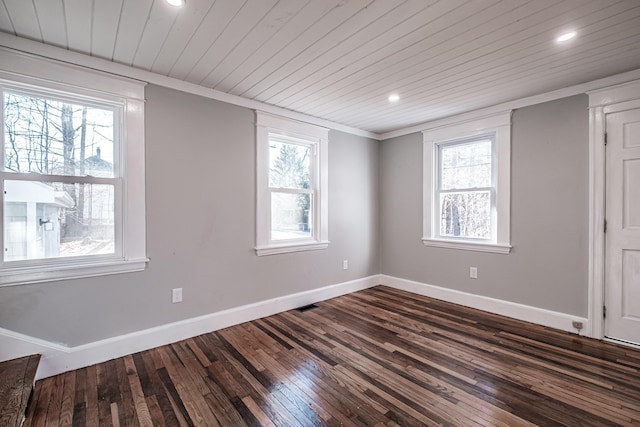 unfurnished room featuring dark hardwood / wood-style flooring, plenty of natural light, and wooden ceiling