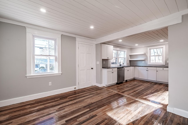 kitchen with dishwasher, white cabinets, dark wood-type flooring, and wooden ceiling