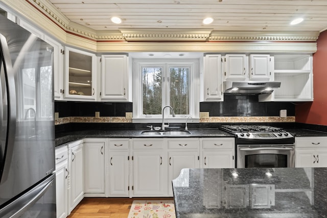 kitchen with ventilation hood, white cabinets, sink, and stainless steel appliances