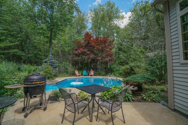 view of swimming pool with grilling area and a patio