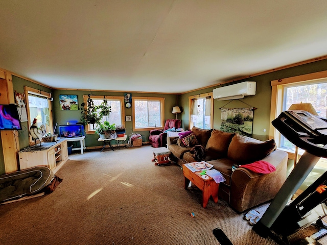 living room featuring carpet flooring, plenty of natural light, ornamental molding, and a wall mounted AC