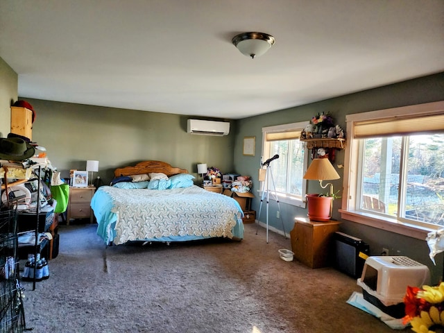 bedroom featuring dark carpet and an AC wall unit