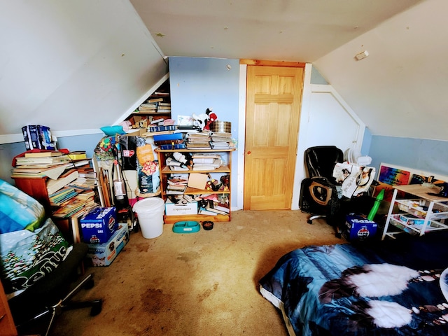 bedroom featuring carpet floors and vaulted ceiling