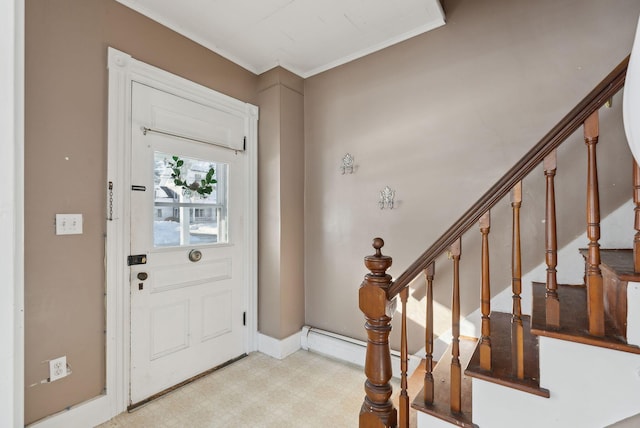 entryway featuring stairs, crown molding, light floors, and baseboards