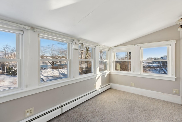 unfurnished sunroom with lofted ceiling and baseboard heating