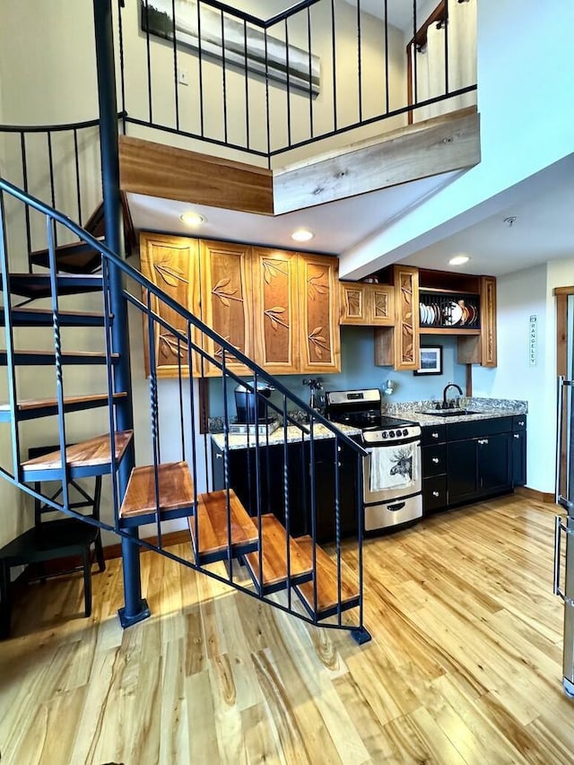 kitchen featuring stainless steel electric stove, light hardwood / wood-style flooring, and sink